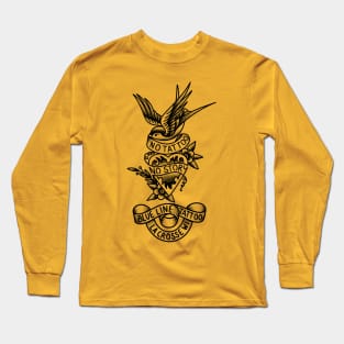 Blue Line Tattoo Swallow Heart Design in Black Long Sleeve T-Shirt